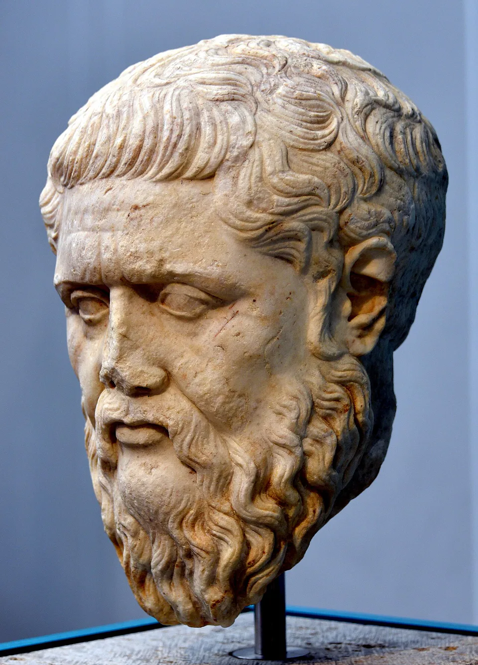 Marble portrait of Plato in three-quarter view, his head turned down and left