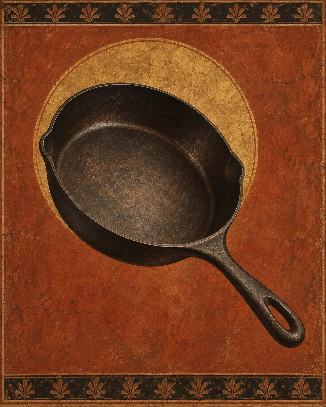 Antiquity-style editorial interpretation of a single cast-iron frying pan
