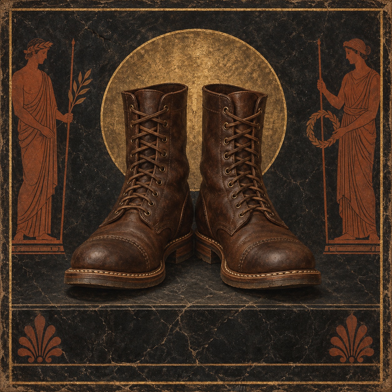 Antiquity-style editorial interpretation of a pair of resoleable full-leather work boots