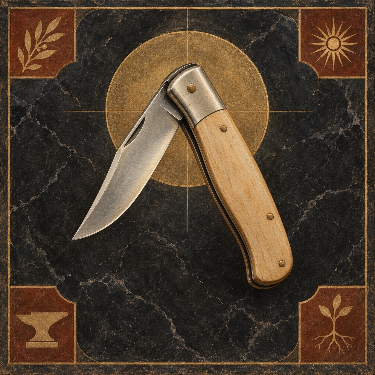 Antiquity-style editorial interpretation of a wooden-handled folding pocket knife
